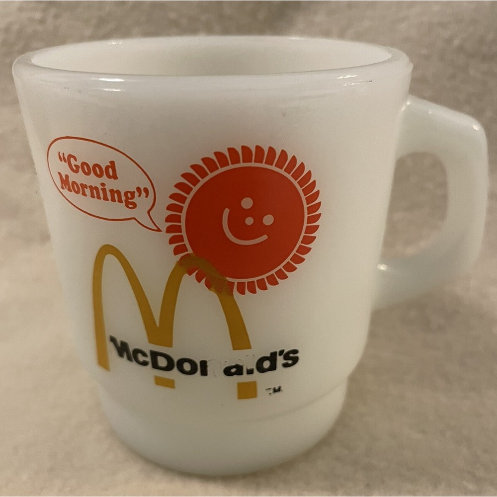 McDonalds Good Morning Sunshine Fire-King coffee mug milk glass Anchor Hocking